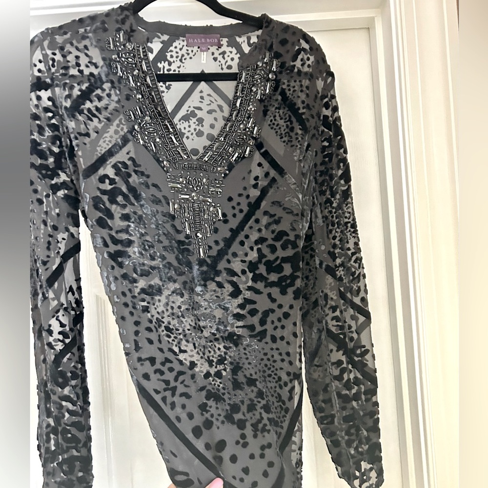 Hale Bob, black, sheer tunic with velvet, sequins, beads. Size medium